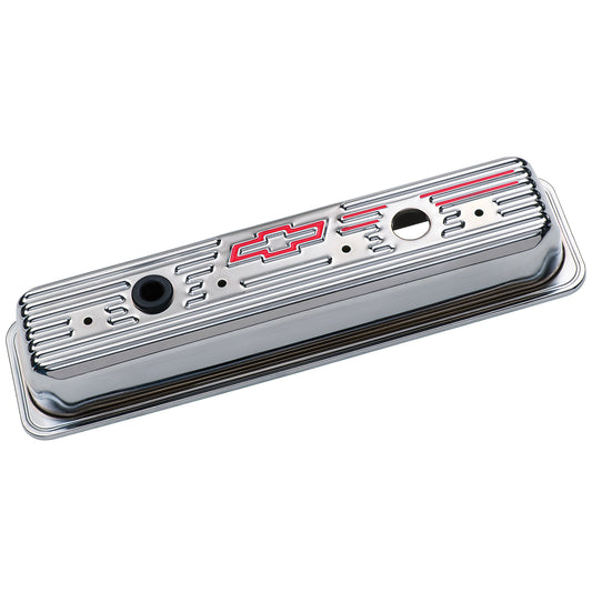Proform Engine Valve Covers; Center Bolt Style; Steel; Chrome w/Bowtie Logo; SB Chevy 141-107