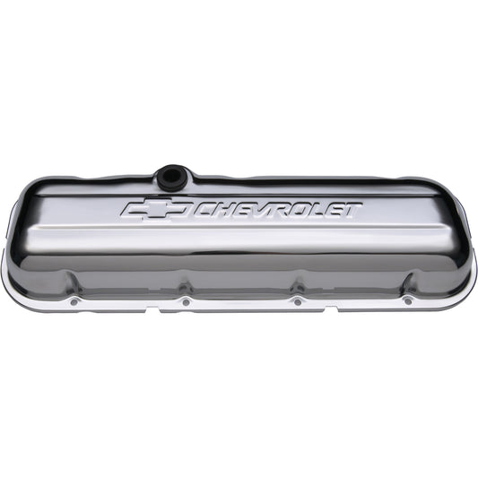 Proform Engine Valve Covers; Stamped Steel; Short; Chrome; w/ Bowtie Logo; Fits BB Chevy 141-114