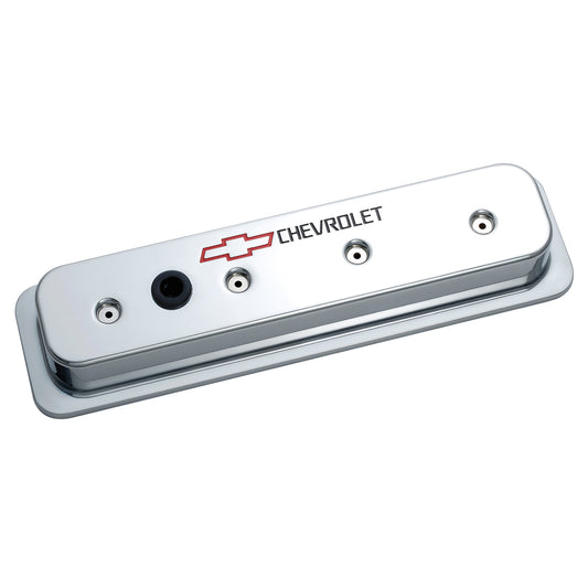 Proform Engine Valve Covers; Center Bolt Style; Die Cast; Chrome w/Bowtie Logo; SB Chevy 141-132