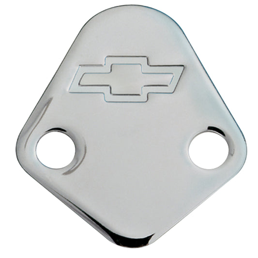 Proform Fuel Pump Block-Off Plate; Chrome with Bowtie Logo; Fits BB Chevy V8 Engines 141-211
