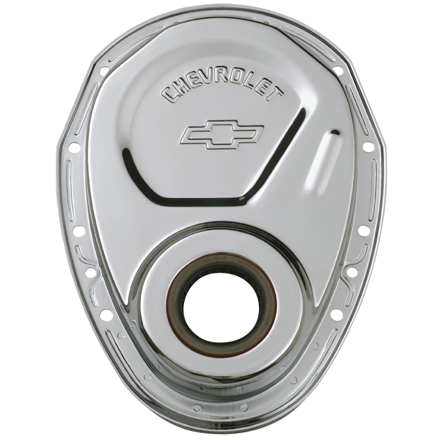 Proform Timing Chain Cover; Chrome; Steel; With Chevy and Bowtie Logo; SB Chevy 69-91 141-215