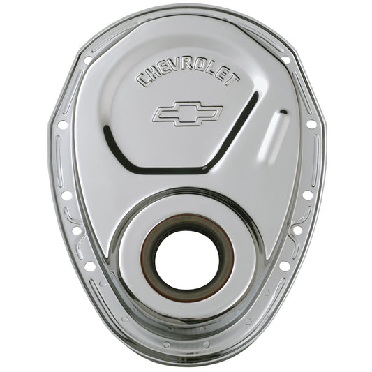 Proform Timing Chain Cover; Chrome; Steel; With Chevy and Bowtie Logo; SB Chevy 69-91 141-215