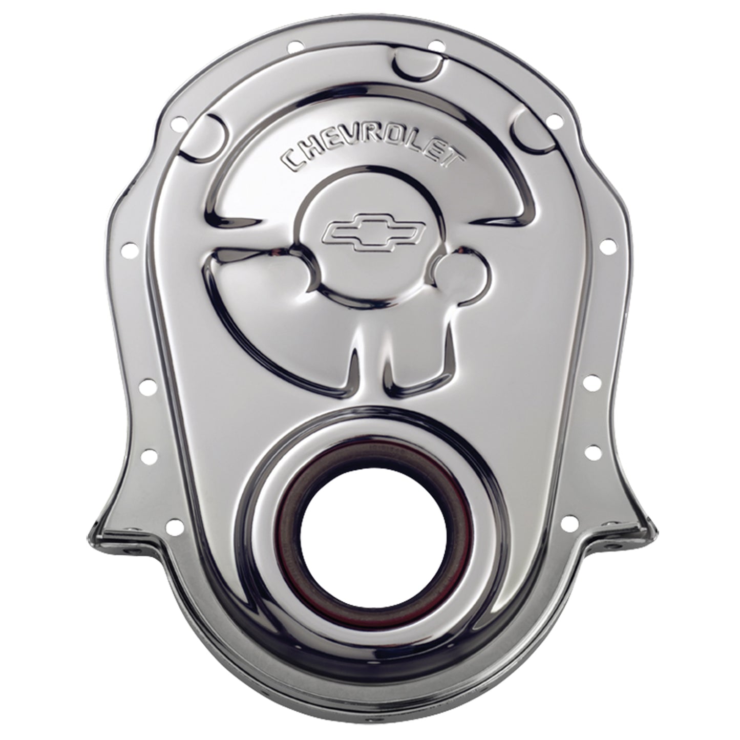 Proform Engine Timing Chain Cover; Chrome; Steel; w/ Chevy and Bowtie Logo; For BB Chevy 141-216