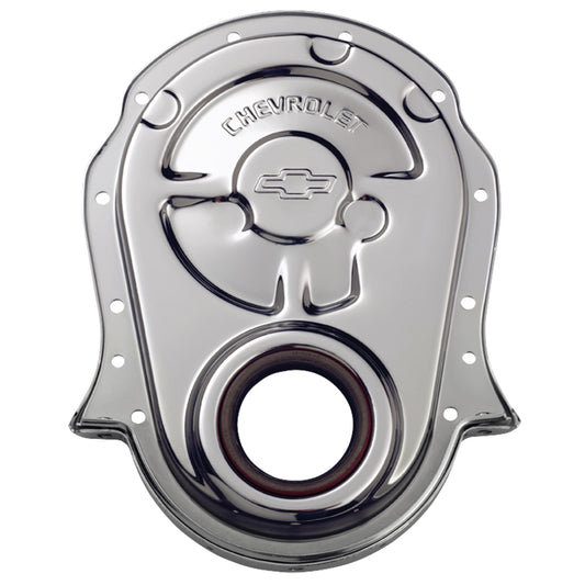 Proform Engine Timing Chain Cover; Chrome; Steel; w/ Chevy and Bowtie Logo; For BB Chevy 141-216