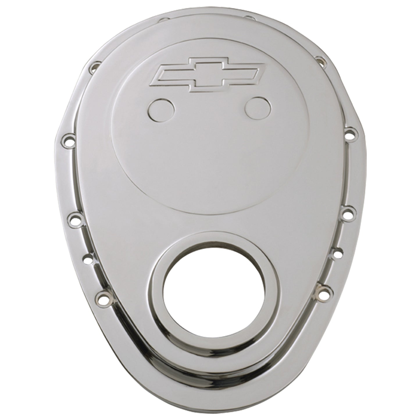 Proform Timing Chain Cover; Chrome Plate Aluminum; With Bowtie Logo; Fits SB Chevy 69-91 141-218