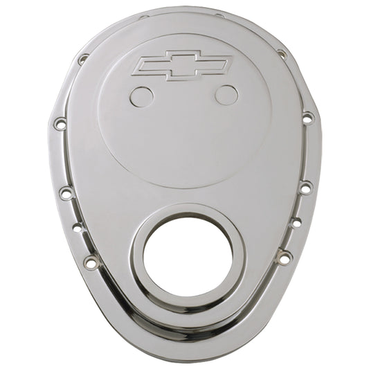 Proform Timing Chain Cover; Chrome Plate Aluminum; With Bowtie Logo; Fits SB Chevy 69-91 141-218
