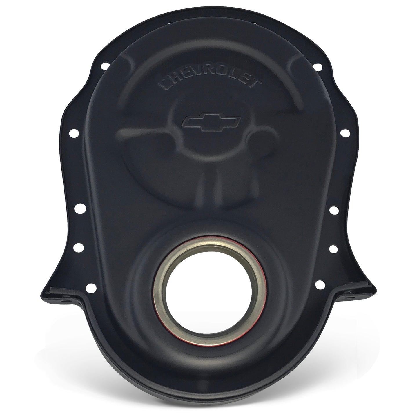 Proform Engine Timing Chain Cover; Black Crinkle; Steel; Chevy/Bowtie Logo; BB Chevy 141-219