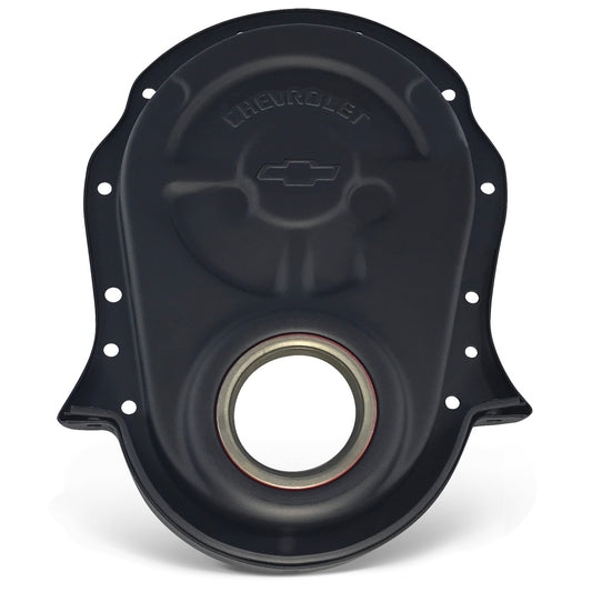 Proform Engine Timing Chain Cover; Black Crinkle; Steel; Chevy/Bowtie Logo; BB Chevy 141-219
