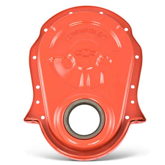 Proform Engine Timing Chain Cover; Chevy Orange; Steel; Embossed Bowtie Logo; BB Chevy 141-220