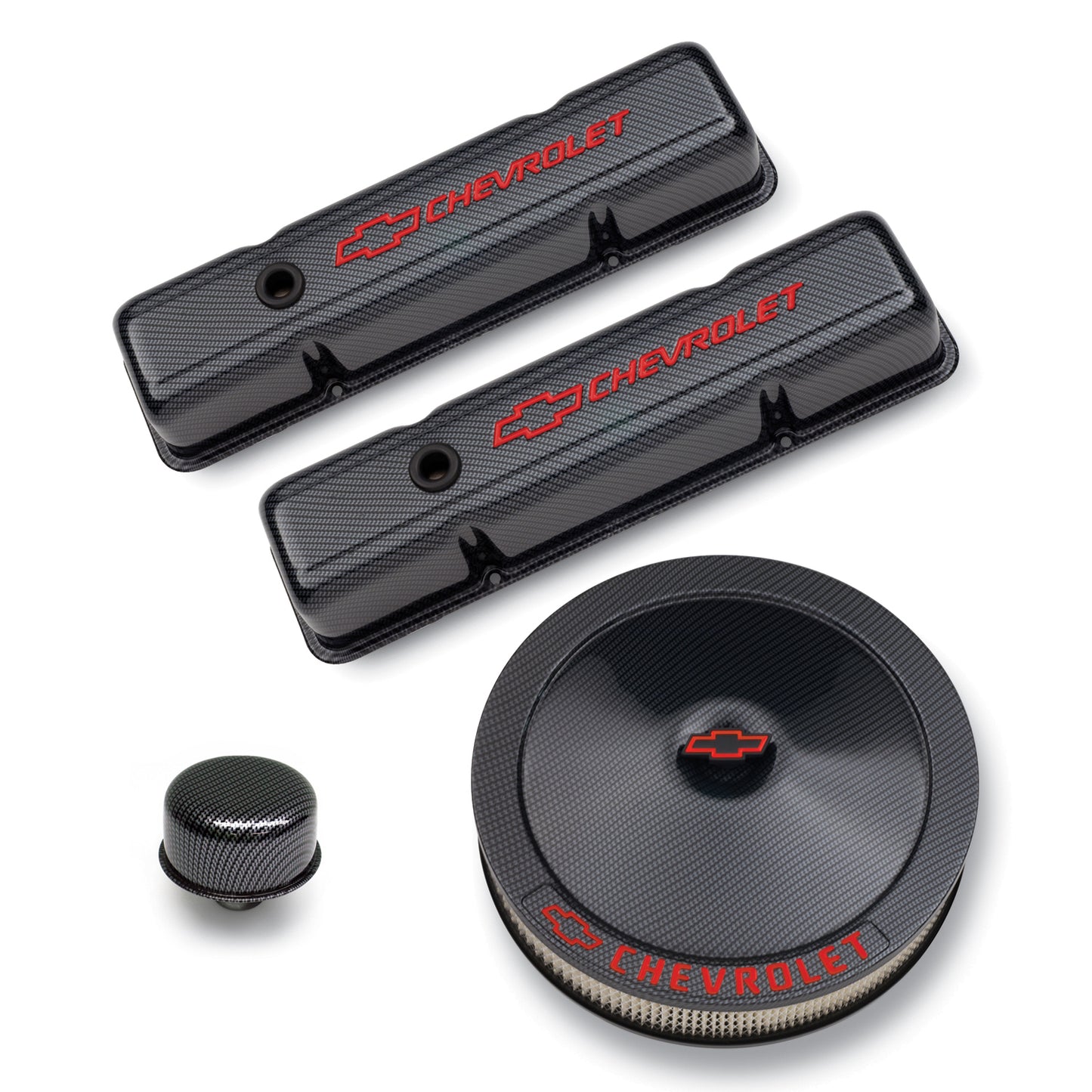 Proform Engine Dress-Up Kit; Black Carbon Finish; Red Bowtie; Red Letters; For SB Chevy 141-710