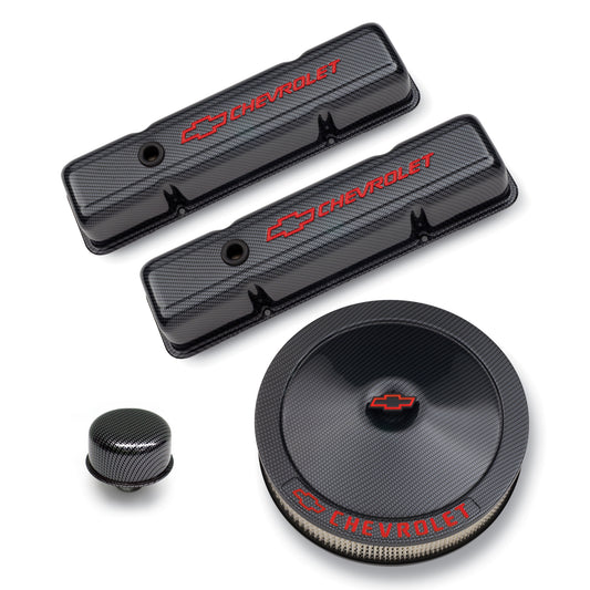 Proform Engine Dress-Up Kit; Black Carbon Finish; Red Bowtie; Red Letters; For SB Chevy 141-710