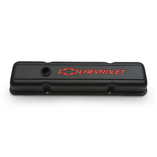 Proform Engine Valve Covers; Stamped Steel; Short; Black; w/ Bowtie Logo; Fits SB Chevy 141-750