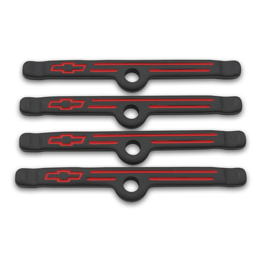 Proform Engine Valve Cover Holdown Clamps; Black Crinkle w/Bowtie Logo; SB Chevy; 4 Pcs 141-757