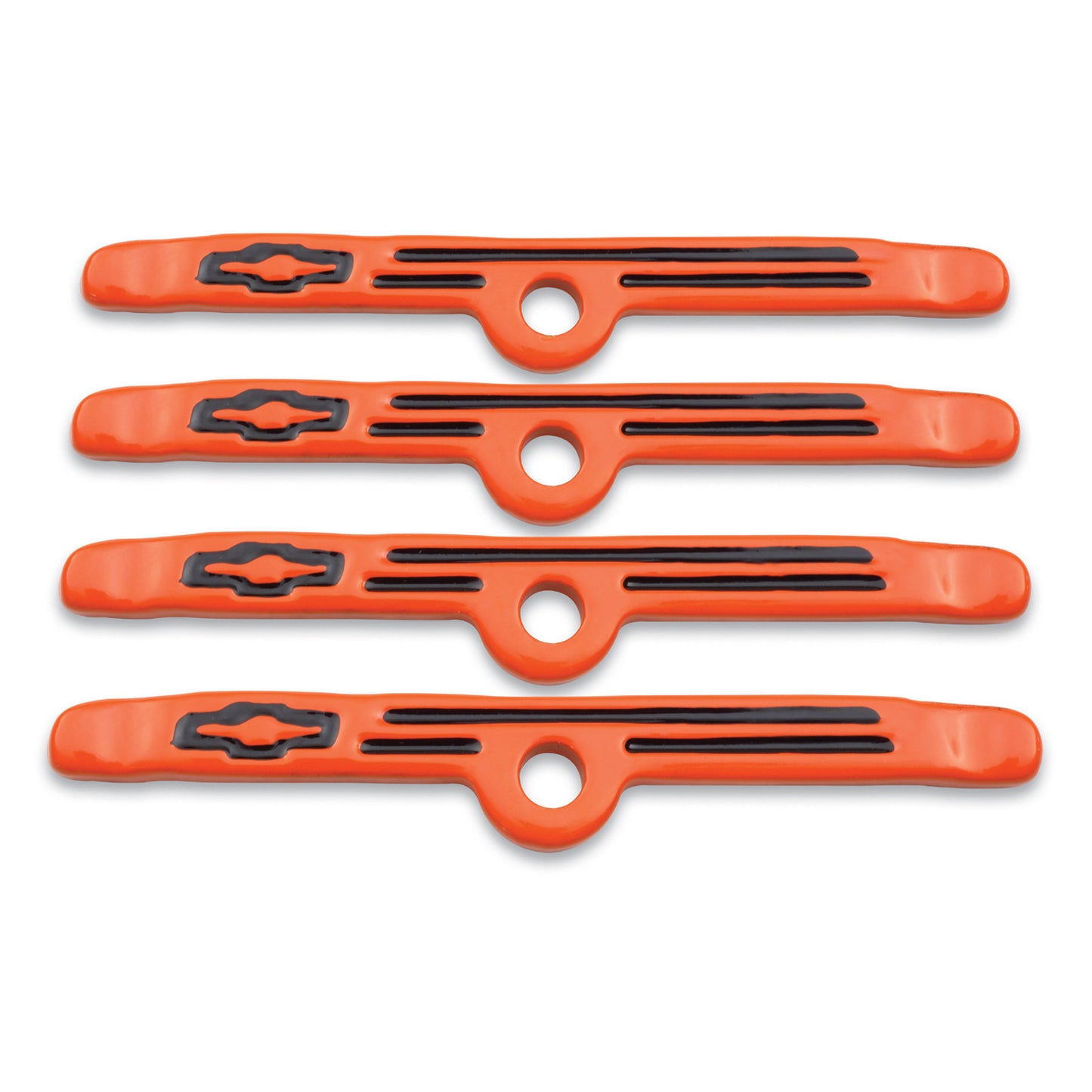 Proform Engine Valve Cover Holdown Clamps; Orange with Black Bowtie Logo; SB Chevy; 4 Pc 141-782