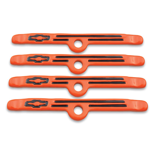 Proform Engine Valve Cover Holdown Clamps; Orange with Black Bowtie Logo; SB Chevy; 4 Pc 141-782