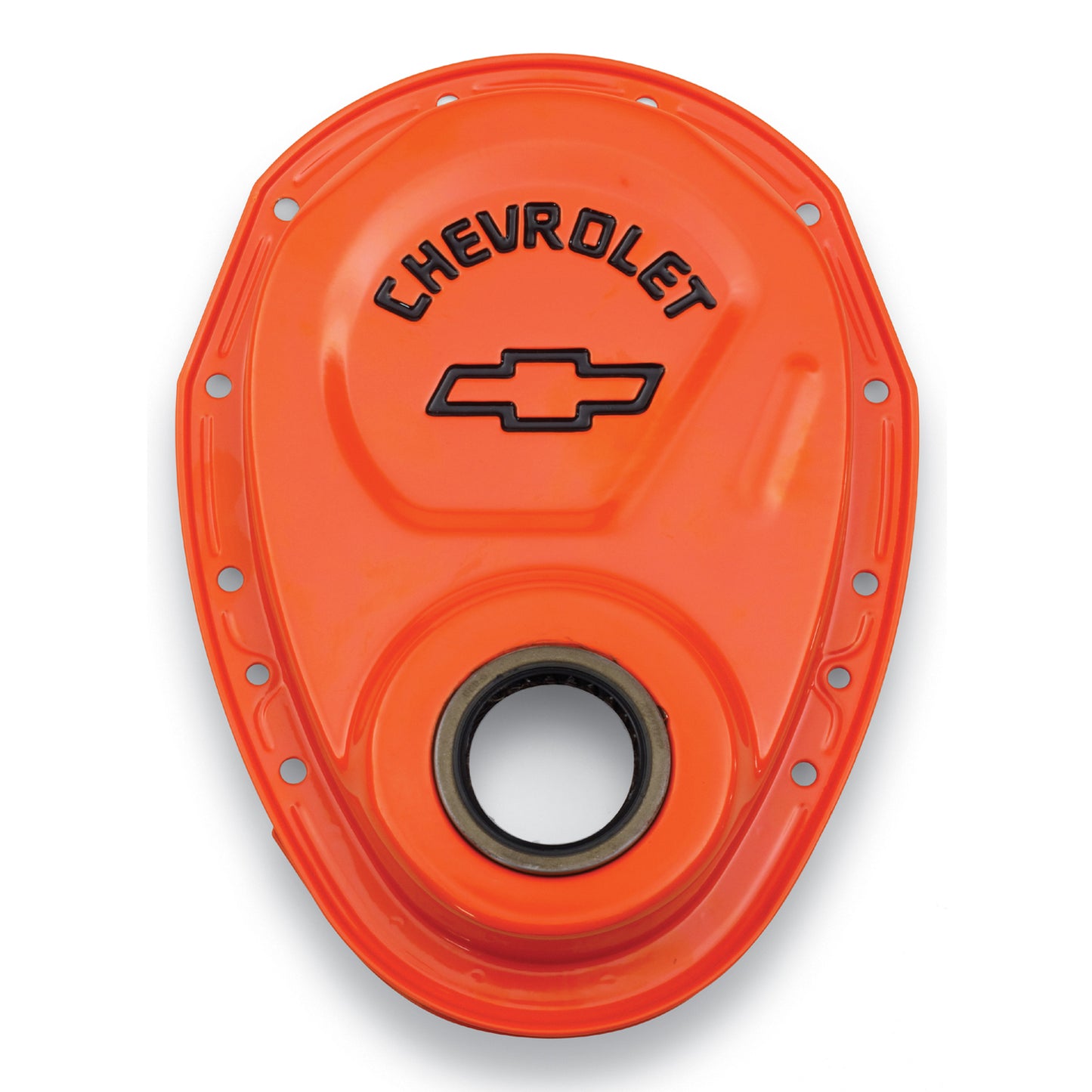 Proform Timing Chain Cover; Orange; Steel; With Chevy Bowtie Logo; SB Chevy 69-91 141-783