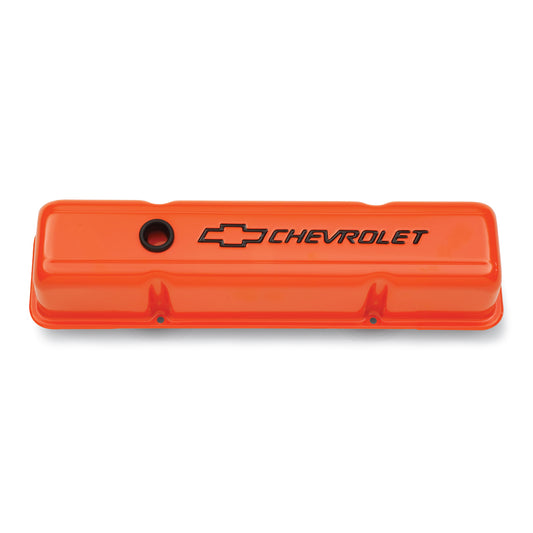 Proform Engine Valve Covers; Stamped Steel; Tall; Orange w/ Bowtie Logo; Fits SB Chevy 141-784