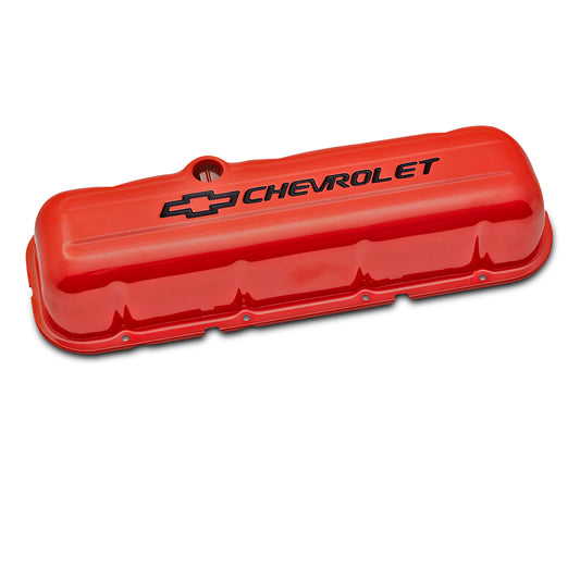 Proform Engine Valve Covers; Stamped Steel; Tall; Orange; w/ Bowtie Logo; Fits BB Chevy 141-787