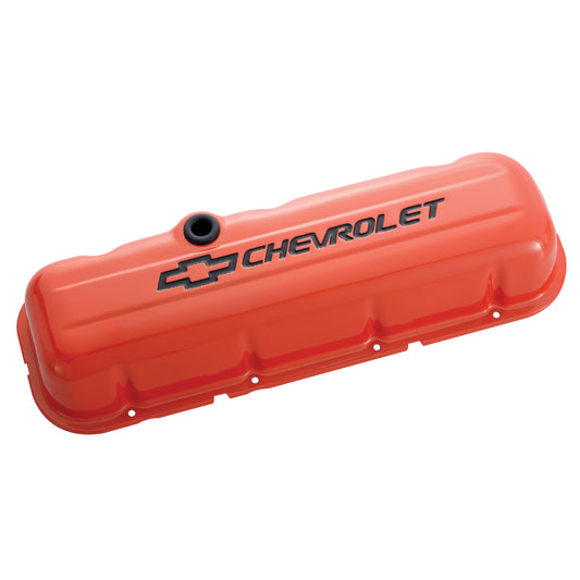 Proform Engine Valve Covers; Stamped Steel; Short; Orange; w/ Bowtie Logo; Fits BB Chevy 141-789