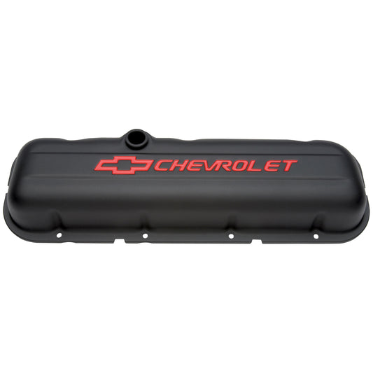 Proform Engine Valve Covers; Stamped Steel; Short; Black; w/ Bowtie Logo; Fits BB Chevy 141-810