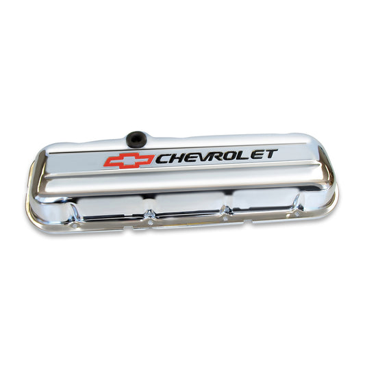 Proform Engine Valve Covers; Stamped Steel; Short; Chrome; w/ Bowtie Logo; Fits BB Chevy 141-812
