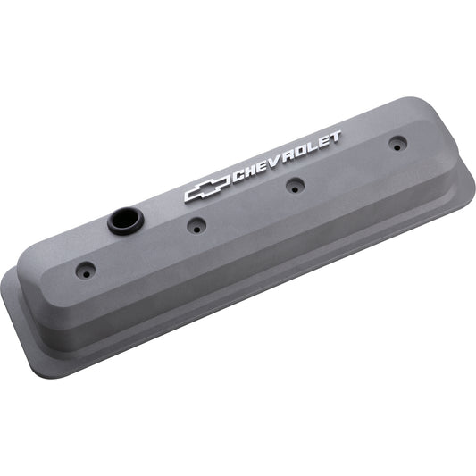 Proform Valve Covers; SBC; 87-Pre LS; Ctr Bolt; Tall; Alum; Cast Gray; Raised Emblems 141-842