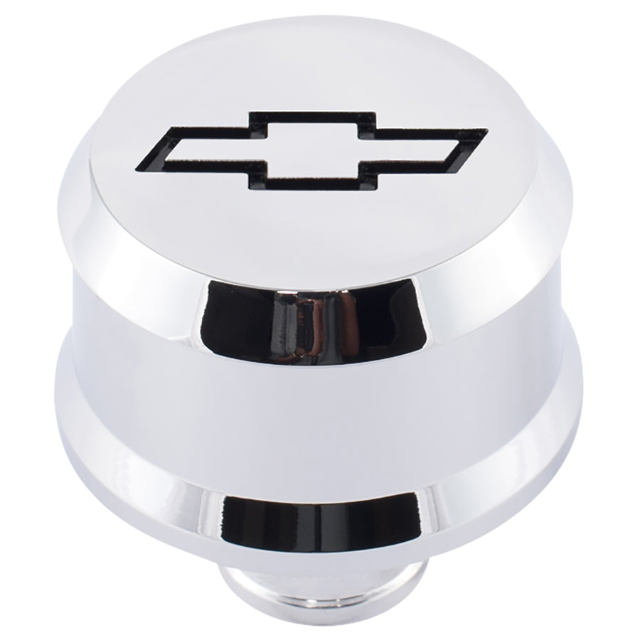 Proform Slant-Edge Aluminum Breather Cap; Recessed Black Bowtie Emblem; Push-In; Chrome 141-852