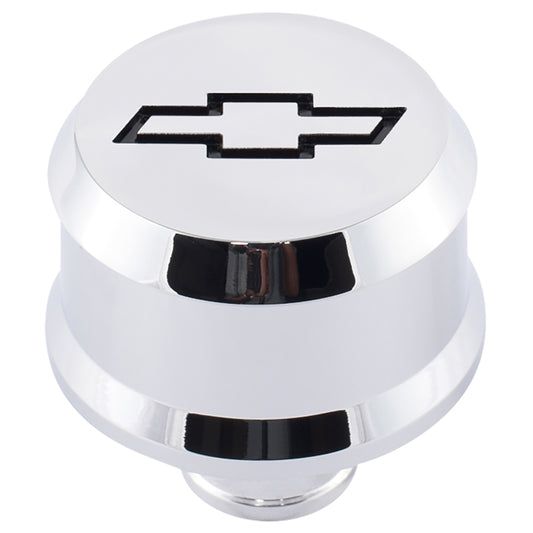Proform Slant-Edge Aluminum Breather Cap; Recessed Black Bowtie Emblem; Push-In; Chrome 141-852