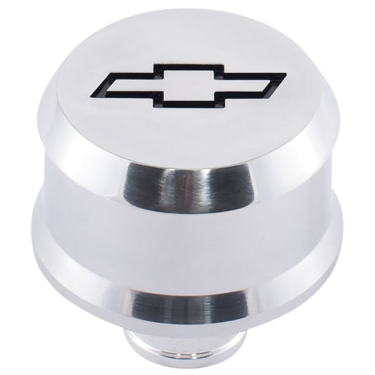 Proform Slant-Edge Aluminum Breather Cap; Recessed Blk Bowtie Emblem; Push-In; Polished 141-854