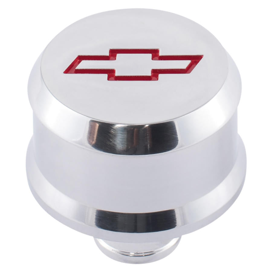 Proform Slant-Edge Aluminum Breather Cap; Recessed Red Bowtie Emblem; Push-In; Polished 141-855