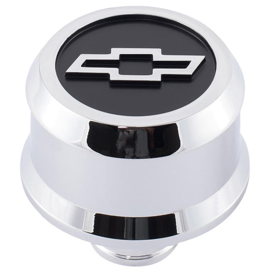Proform Slant-Edge Aluminum Breather Cap; Blackfield Bowtie Emblem; Push-In; Chrome 141-856