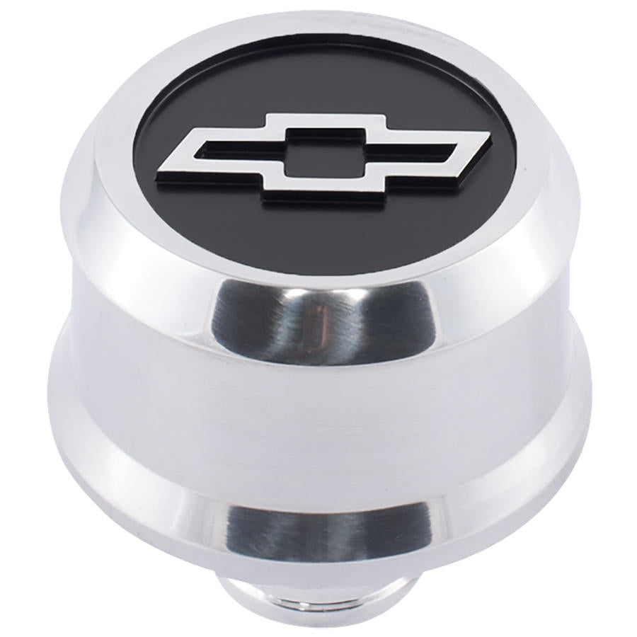 Proform Slant-Edge Aluminum Breather Cap; Blackfield Bowtie Emblem; Push-In; Polished 141-857