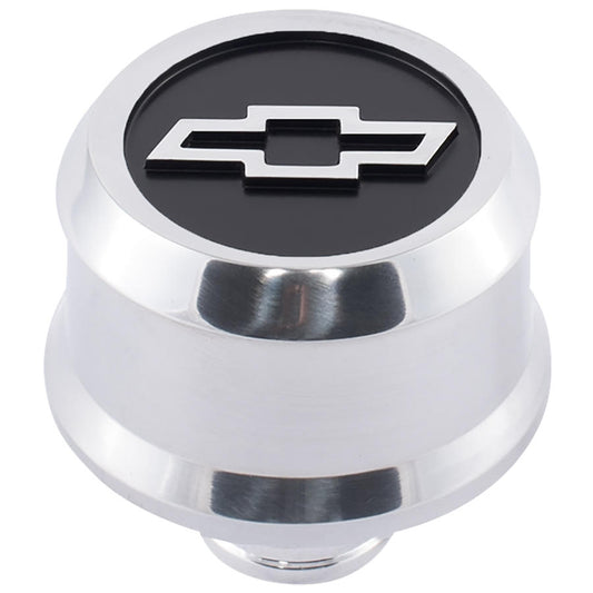 Proform Slant-Edge Aluminum Breather Cap; Blackfield Bowtie Emblem; Push-In; Polished 141-857
