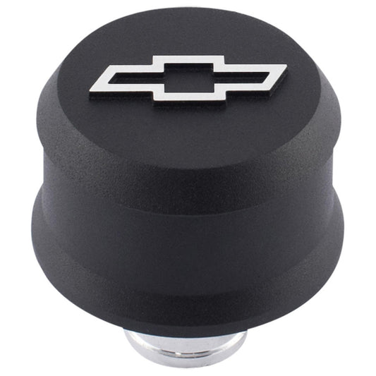 Proform Slant-Edge Aluminum Breather Cap; Raised Bowtie Emblem; Push-In; Black Crinkle 141-858