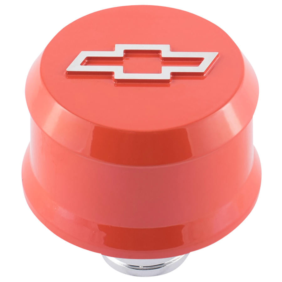 Proform Slant-Edge Aluminum Breather Cap; Raised Bowtie Emblem; Push-In; Chevy Orange 141-859