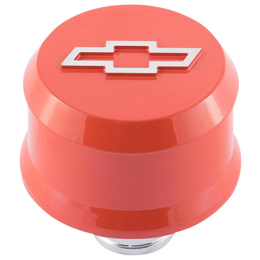 Proform Slant-Edge Aluminum Breather Cap; Raised Bowtie Emblem; Push-In; Chevy Orange 141-859