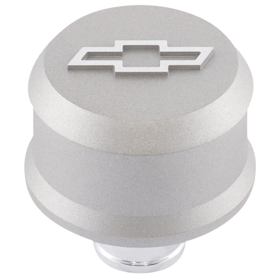 Proform Slant-Edge Aluminum Breather Cap; Raised Bowtie Emblem; Push-In; Gray Crinkle 141-860