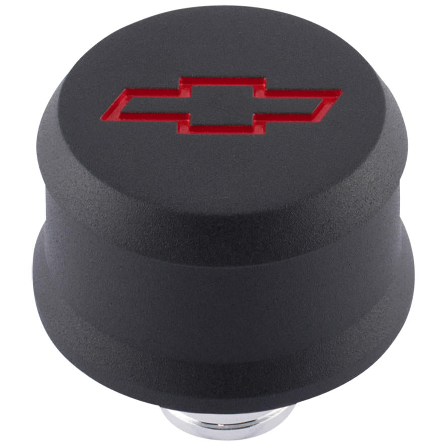 Proform Slant-Edge Aluminum Breather Cap; Recssd Red Bowtie Emblem; Push-In; Blk Crinkle 141-861