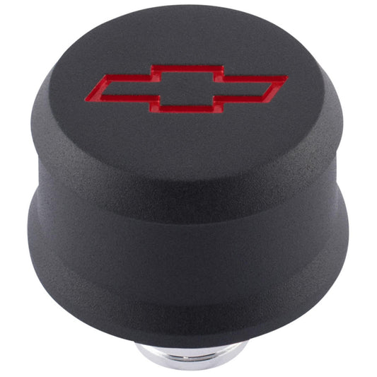 Proform Slant-Edge Aluminum Breather Cap; Recssd Red Bowtie Emblem; Push-In; Blk Crinkle 141-861