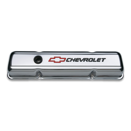 Proform Engine Valve Covers; Stamped Steel; Short; Chrome; w/ Bowtie Logo; Fits SB Chevy 141-899