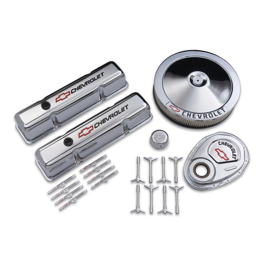 Proform Engine Dress-Up Kit; Chrome w/Red Chevy Logo; Fits SB Block Chevy Engines 141-900