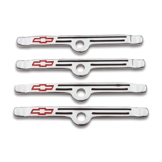 Proform Engine Valve Cover Holdown Clamps; Chrome with Red Bowtie Logo; SB Chevy; 4 Pcs 141-903