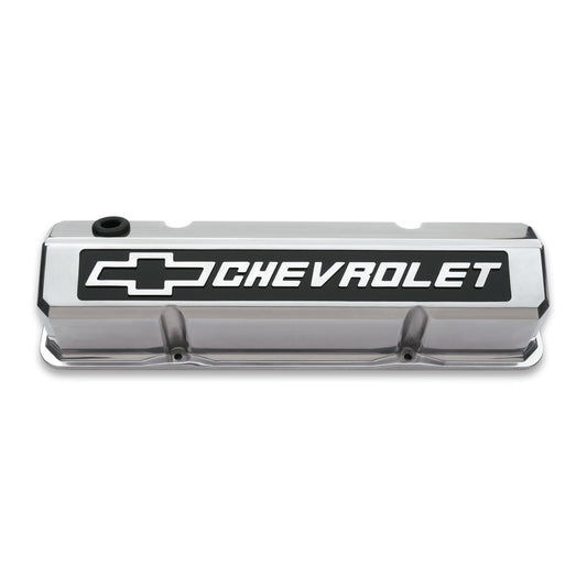 Proform Valve Covers; Slant-Edge Tall; Die Cast; Polished w/Raised Bowtie Logo; SB Chevy 141-920