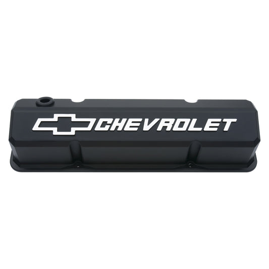 Proform Valve Covers; Slant-Edge Tall; Die Cast; Black w/ Raised Bowtie Logo; SB Chevy 141-921