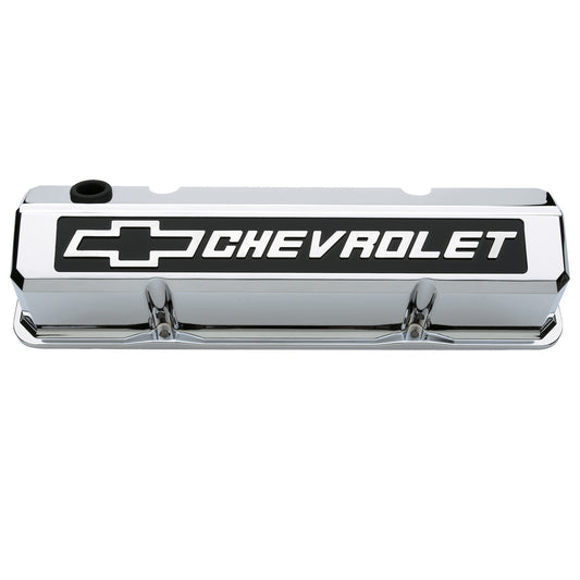 Proform Valve Covers; Slant-Edge Tall; Die Cast; Chrome w/Raised Bowtie Logo; SB Chevy 141-922