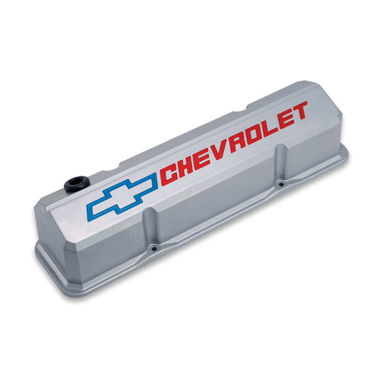 Proform Valve Covers; Slant-Edge Tall; Die Cast; Gray w/Recessed Bowtie Logo; SB Chevy 141-923