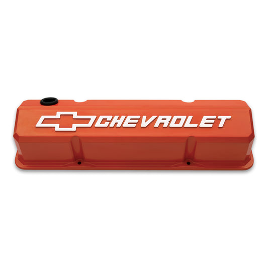 Proform Valve Covers; Slant-Edge Tall; Die Cast; Orange w/ Raised Bowtie Logo; SB Chevy 141-924