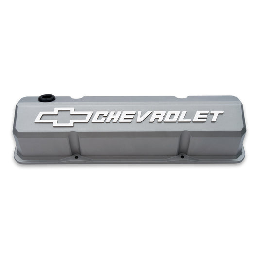 Proform Valve Covers; Slant-Edge Tall; Die Cast; Gray w/Raised Bowtie Logo; For SB Chevy 141-925