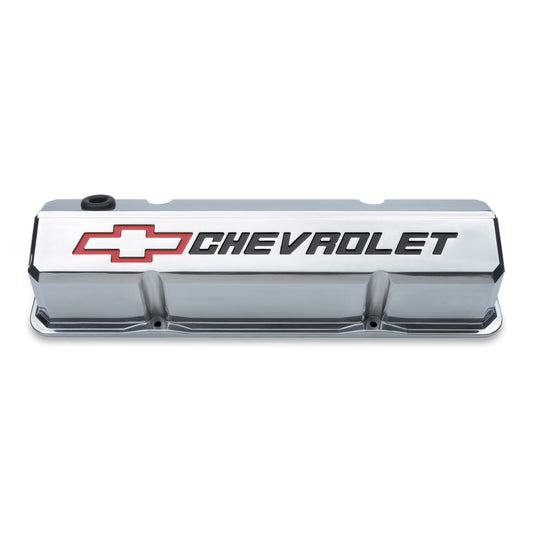 Proform Valve Covers; Slant-Edge Tall; Die Cast; Polish w/Recessed Bowtie Logo; SB Chevy 141-927