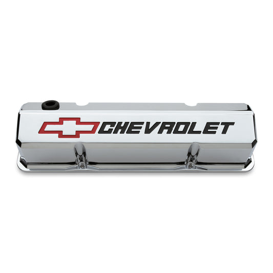 Proform Valve Covers; Slant-Edge Tall; Die Cast; Chrome w/Recessed Bowtie Logo; SB Chevy 141-930